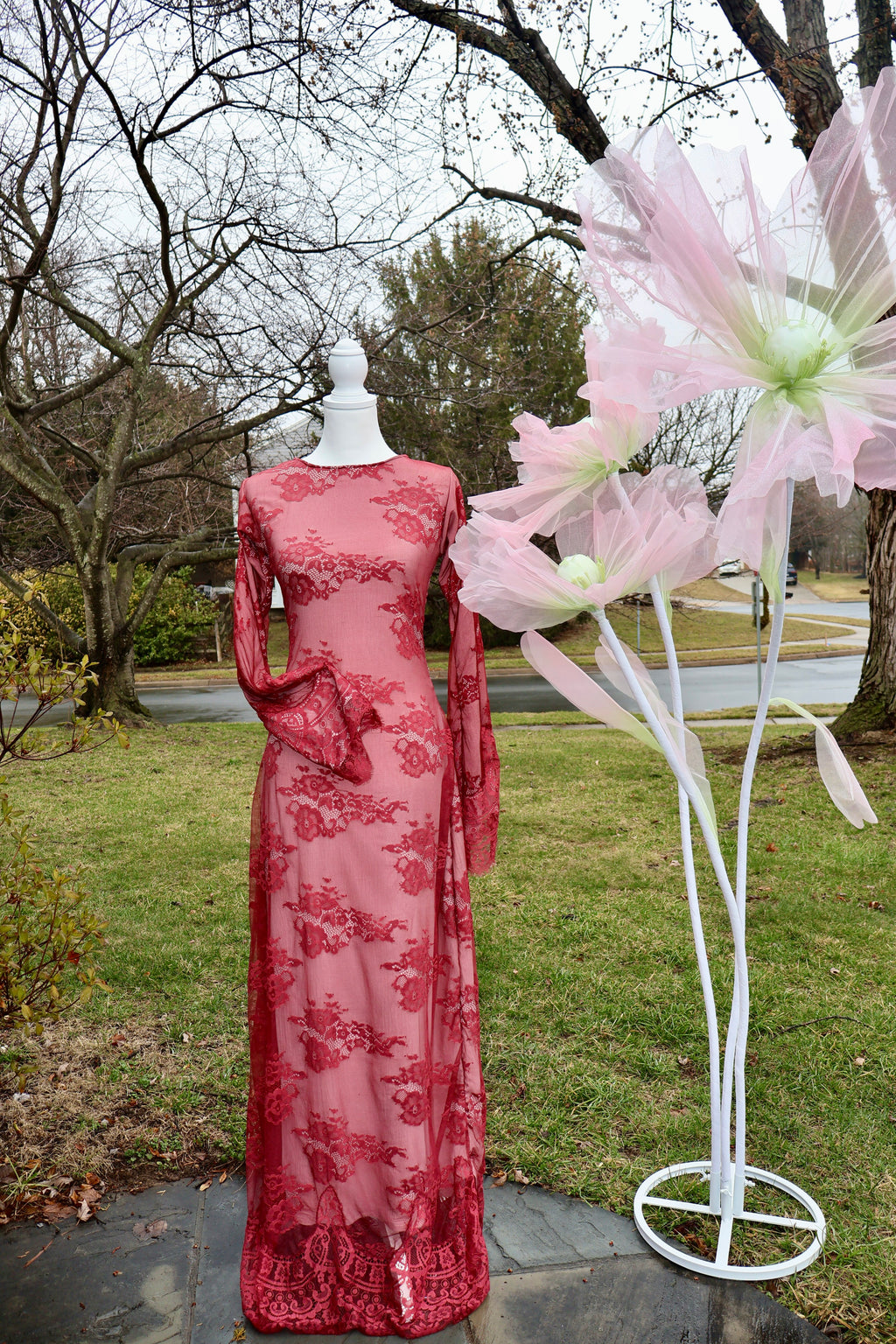 Maroon Rose Lace Dress
